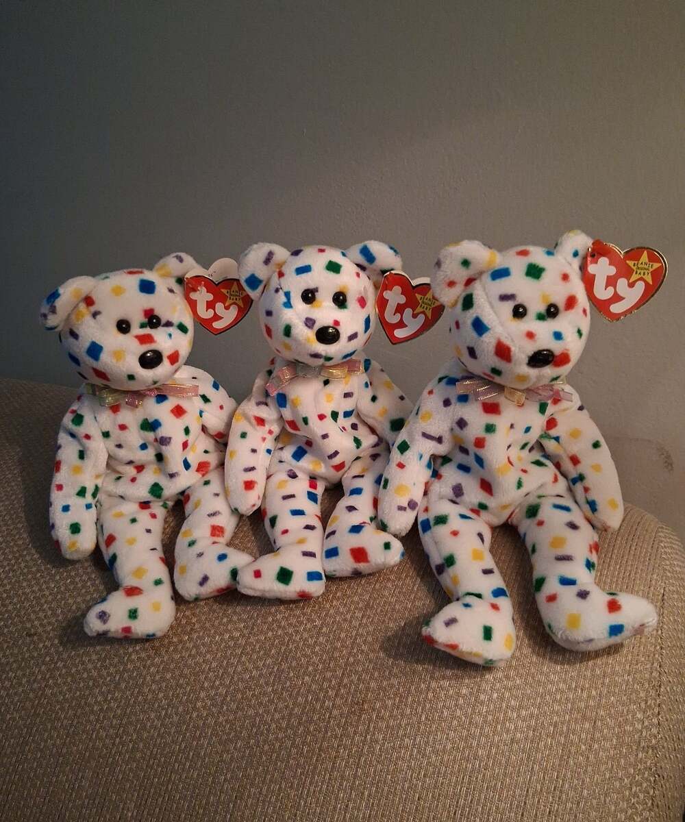 3 Vintage Ty 2K Bear Beanie Baby Confetti Plush Toy with Tags Y2K Nostalgia!